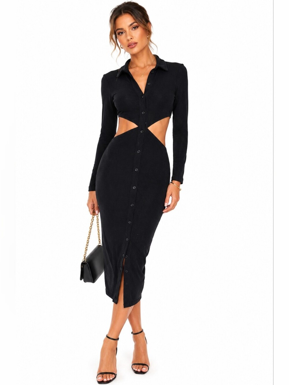 Mable Cutout Bodycon Midi Dress S Black Button Front Long Sleeve